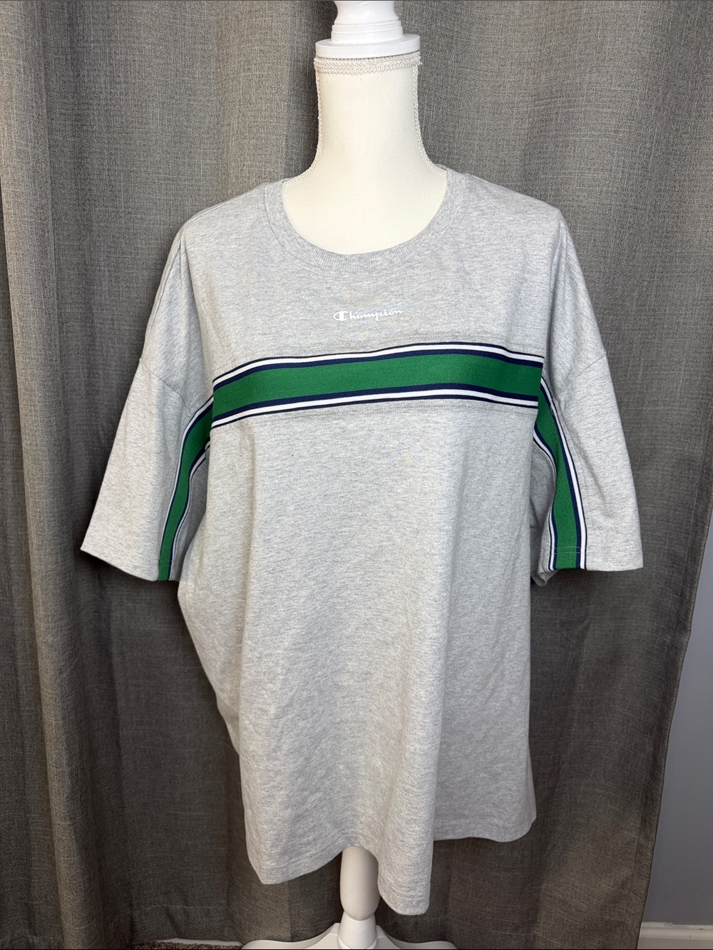 Champion Gray Short Sleeve Tee with Green & Navy Stripe